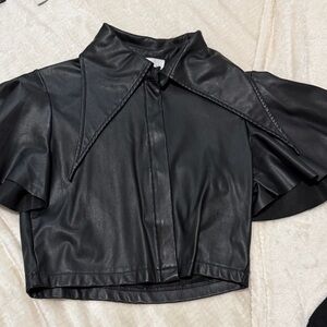 Faux Leather Black Mid Sleeve Zipped-Front Blouse